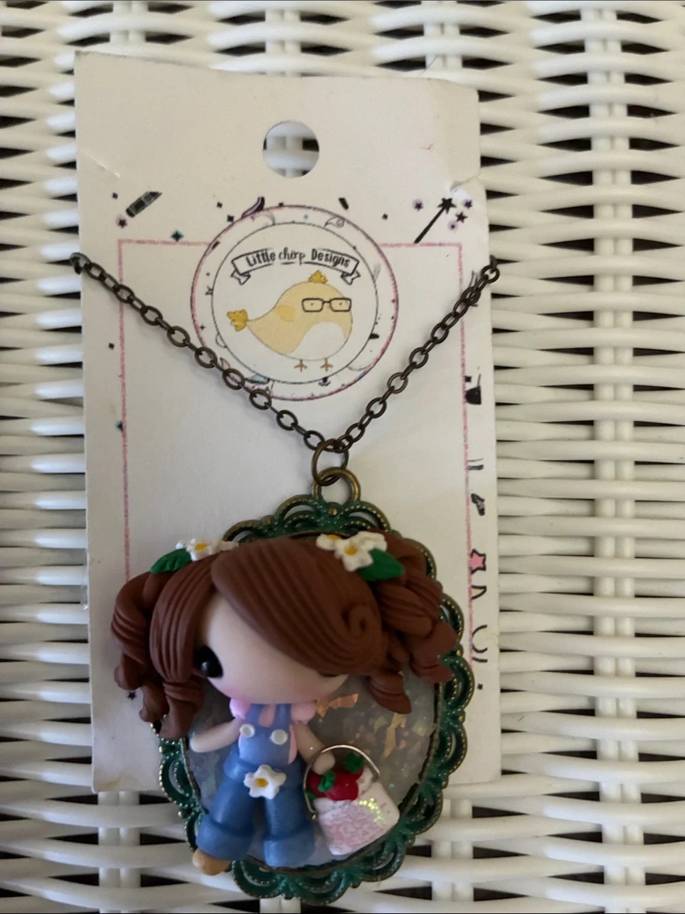 Little Chirp Designs Brown-Haired Girl Pendant Necklace in Blue